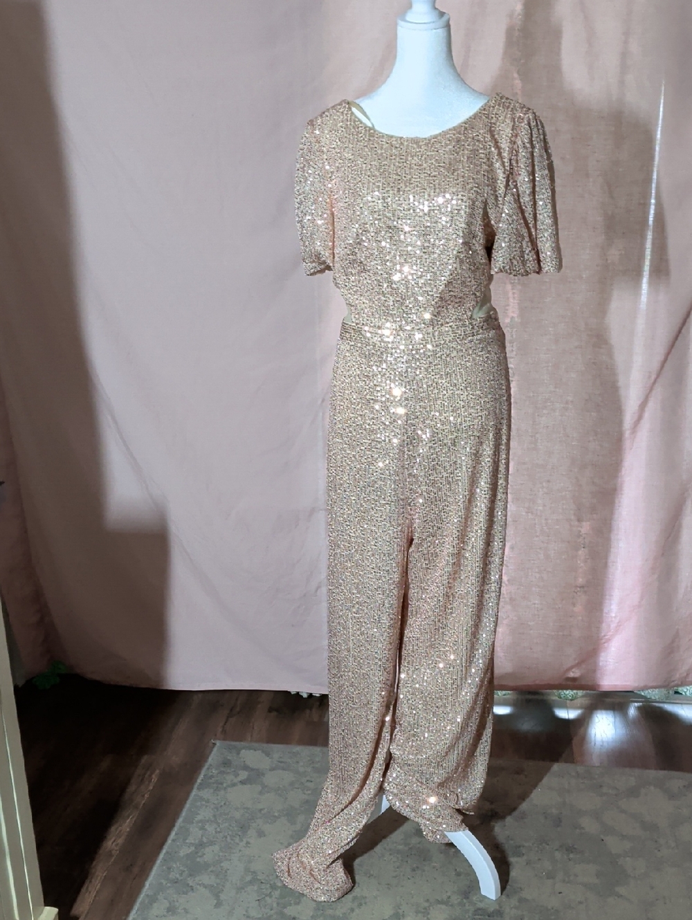 Mac Duggal Rose Gold Sequin Wide-Leg Jumpsuit